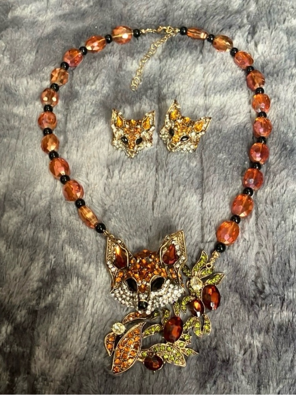 Gold-Tone Orange Crystal Fox Pendant Necklace and Earrings Set